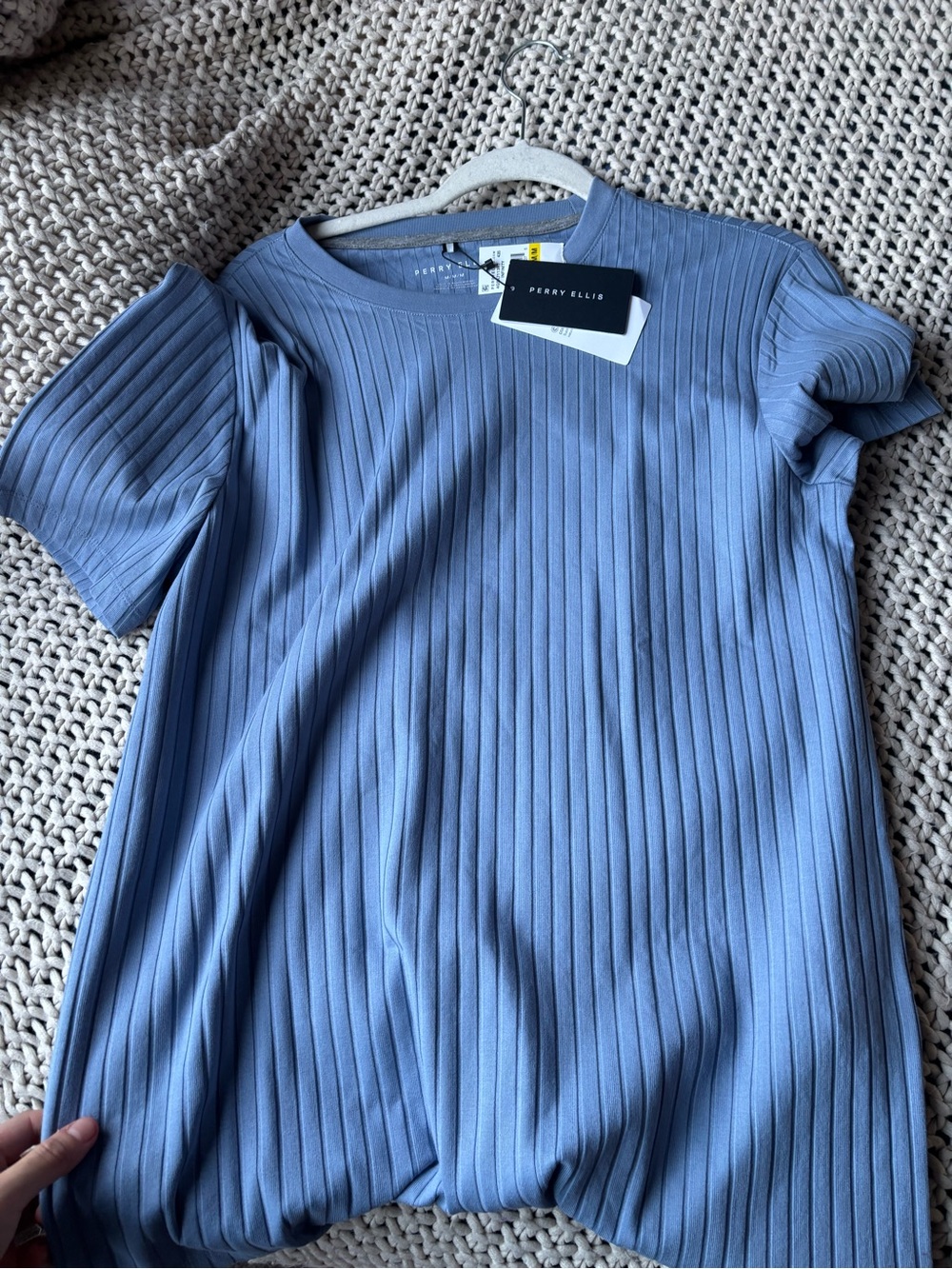 Perry Ellis Light Blue Ribbed Short Sleeve Tee - Picture 3 of 4